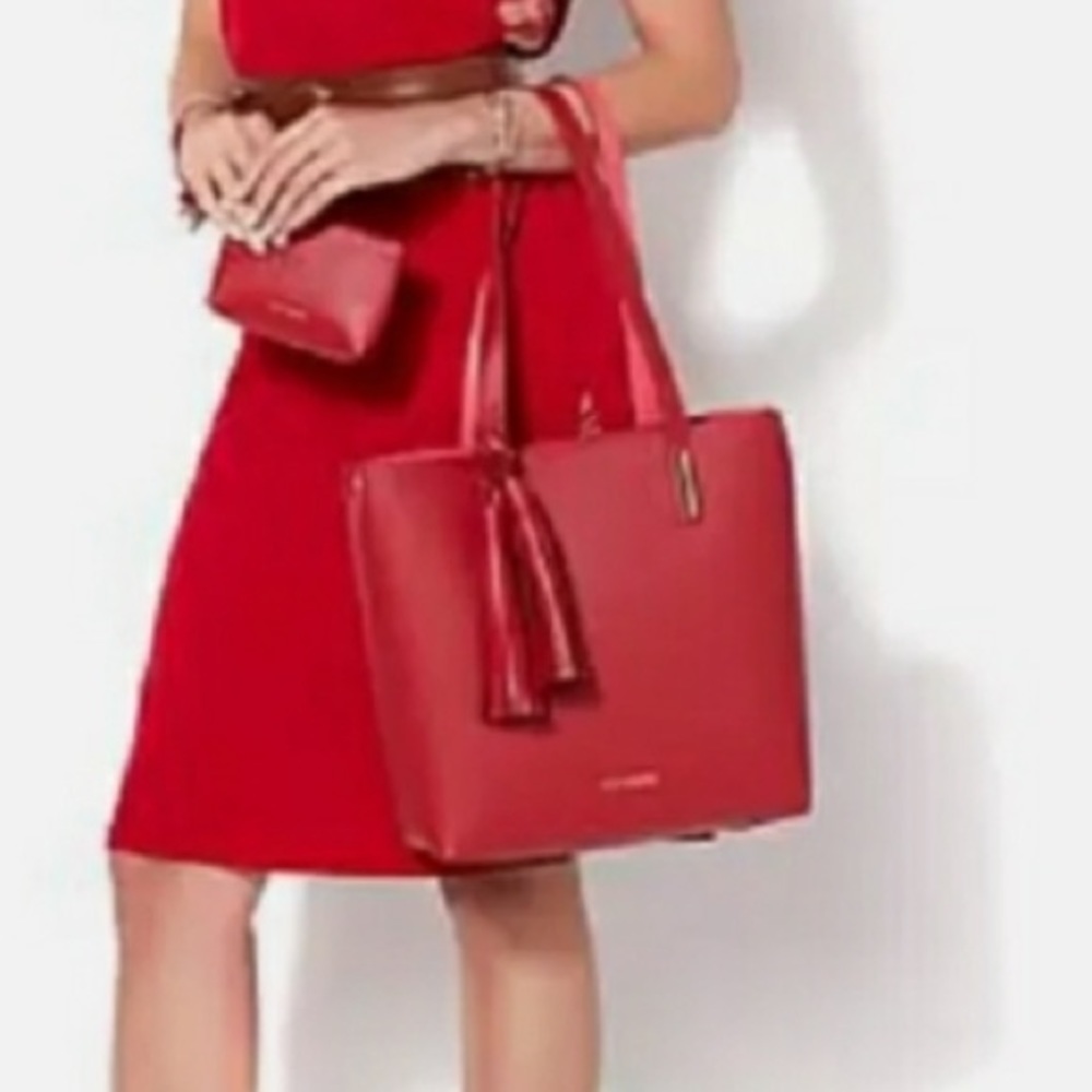 NEW Joy & Iman Red Tote Bag and Wristlet Vegan Leather Matte Classic